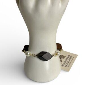 REIMAGINED Wood & Faux Pearl Bracelet Gold Tone Toggle Handmade Artisan